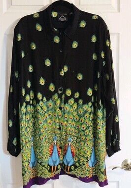 90's Vintage Anthony Hankins  Artsy Long-sleeved Peacocks Tunic Button-up  2XL